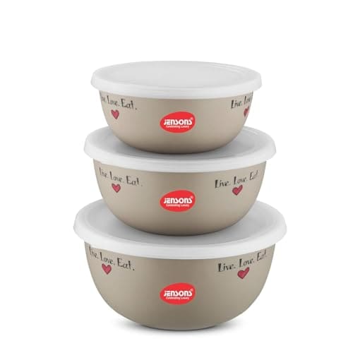 JENSONS Microwave and Oven Safe Stainless Steel Bowls with Lids | 3 Pieces | 600 ml to 1300 ml | Airtight and Leakproof Food Storage | Reheating and Serving Set