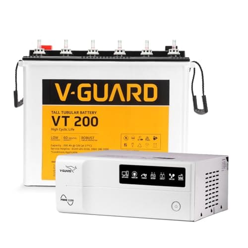 V-Guard Prime 1150 Pure Sinewave 1000VA Inverter with VT 200 Tall Tubular Battery Combo | High Backup Performance | Tubular Plate Technology | 3-Year Inverter Warranty | 36+24 Months Battery Warranty