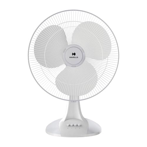 Havells Sameera 400mm Table Fan | Jerk free oscillation, 120 ribs guard, 3 Speed Settings, 1360 RPM Powerful Motor | Aerodynamically designed & balanced PP blades, 2 Year Warranty | (Pack of 1, White)