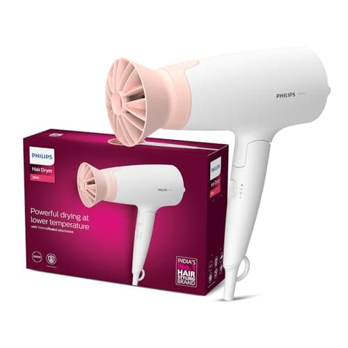 Philips Foldable Hair Dryer 1600 Watts| Powerful Salon-like Blow Drying with Less Heat | 3 Heat Settings with Cool Shot (Hot/Cool/Warm) | ThermoProtect Airflower Attachment- Pink | BHD308/30 - White | Perfect Blow Dry & Style for Men and Women | 2 years Warranty