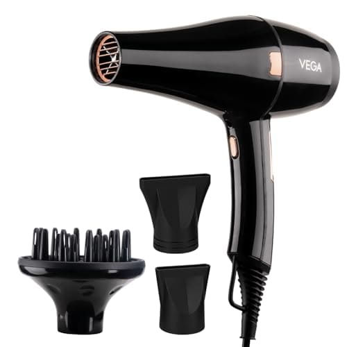 Vega Pro-Xpert 2200W Professional Hair Dryer for Women with 2 Speed/3 Heat Settings, Cool Shot Button, Diffuser & 2 Detachable Nozzles, Travel Friendly, (VHDP-03), 2000 Watts, Black