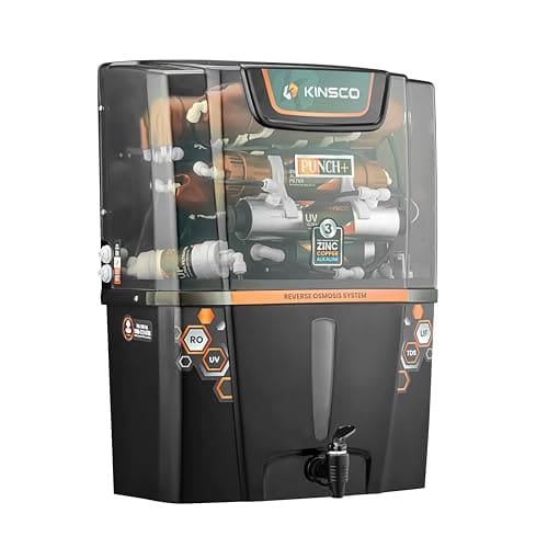 Kinsco Aqua Punch+ Zinc Copper And Alkaline 15Liter Ro + Uv + Uf Water Purifier(Black) With Copper Guard,Ph Enhancer,And Pre-Filter-1-Year Warranty