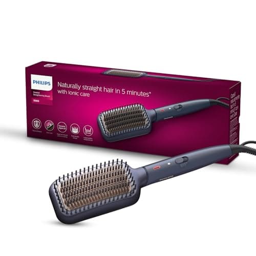 Philips India's No.1 Hair Styling Brand Hair Straightener Brush,Naturally Straight in 5 Mins,5X Less Frizz,Advance Ionic Keratin Tech,Triple Bristle Fast 50s Heatup,Scalp Protect,For Indian Hair,BHH885