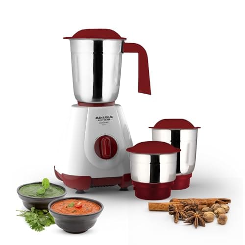 Maharaja Whiteline 500W Livo Pro Mixer Grinder with 3 Stainless Steel Jars with lid and 20,000 RPM Motor Speed (White & Cherry Red)