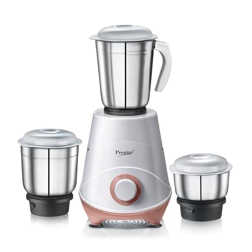 Prestige 500W Nexus Mixer Grinder with 3 Stainless Steel jars|1200ml Wet Jar,800ml dry jar, 400ml chutney jar|3 Super-efficient Blades|3 motor setting|Sturdy Handles |2 Yrs Warranty|White & Rose Gold