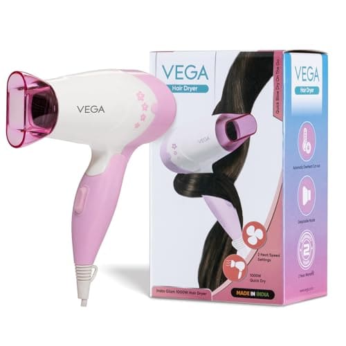 VEGA Insta Glam Foldable 1000-1200Watts Hair Dryer for Men & Women, 2 Heat & 1 Speed Settings (Low & High), Perfect Blow Dry & Style, Compact Hair Dryer for Travel & Home Use (VHDH-20) Made In India