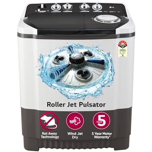 LG 8.0 Kg 5 Star Semi-Automatic Top Loading Washing Machine with Roller Jet Pulsator, Wind Jet Dry, Soak & Rat Away Technology (P8030SGAZ, Collar Scrubber & Rust Free Plastic Base, Dark Gray)