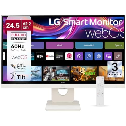LG 25SR50F 62 cm (25 Inch) Full HD (1920x1080) IPS Smart Monitor, webOS, Wi-Fi, Bluetooth, Miracast, AirPlay2, 5W x2 Speakers, HP Out, HDMI x2, USB-A, Reader Mode, 3-Side Virtually Borderless (White)