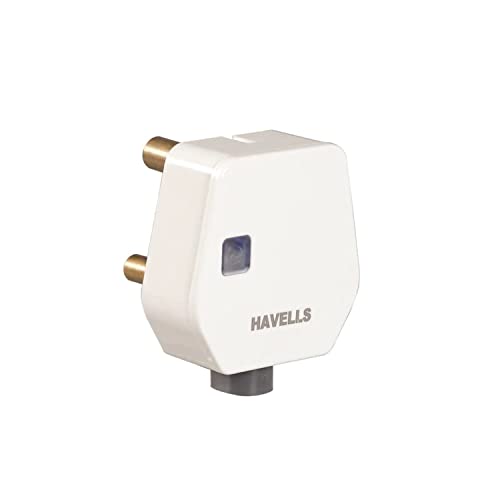 Havells 16A Heavy Duty Polycarbonate Plastic 3-Pin Plug Top with LED Indicator, ISI Certified with Nickel Plated Brass Pins, Ideal for ACs and Geysers Having High Customer Satisfaction Rating (White)