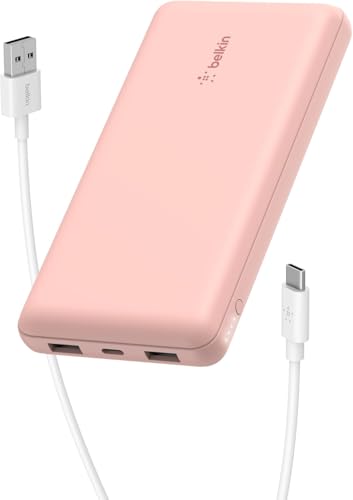 Belkin 10000 mAh Slim Power Bank with 1 USB-C and 2 USB-A Ports to Charge 3 Devices Simultaneously with up to 15W for iPhones, Android Phones, Smart Watches, Apple AirPods - Rose Gold