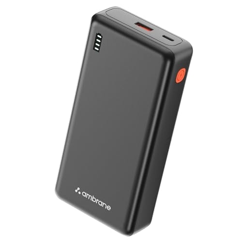 Ambrane 20000mAh Power Bank with 22.5W Fast Charging | 3 Output Ports | Type-C & USB Input | Compact Portable Charger for iPhone, Android Mobile Phone, Tablets, Earbuds, Speakers,smartwatch