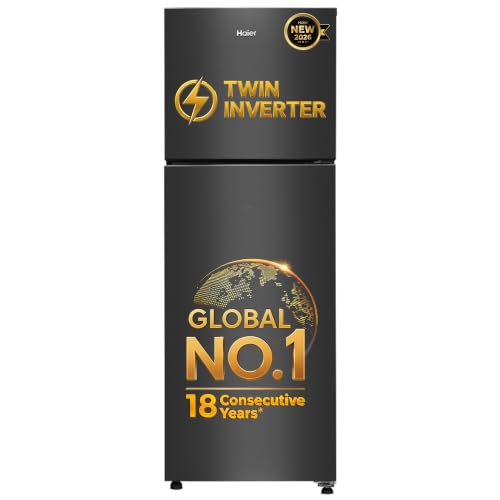 Haier 240L Frost Free Double Door 2 Star Refrigerator with Freezer at Top, Twin Inverter Technology, 200% Faster Ice Making in 49 Minutes (HEF-252EGBA-P, GE Black, 2026 Model)