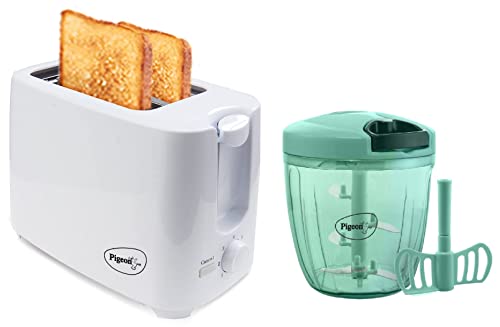 Pigeon 2 Slice Auto Pop Up Toaster With Crumb Tray, Mid Cycle Heating Element (White) & Handy Chopper With 5 Stainless Steel Blades And 1 Plastic Whisker (14077, Xl, Green)