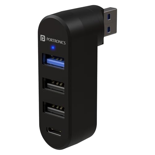 Portronics MPort Spin 4-in-1 USB Hub Dock with Type-C, USB 3.0 SuperSpeed, Rotating USB Plug, 2-Port USB 2.0 High-Speed, for Laptop, PC (Black)