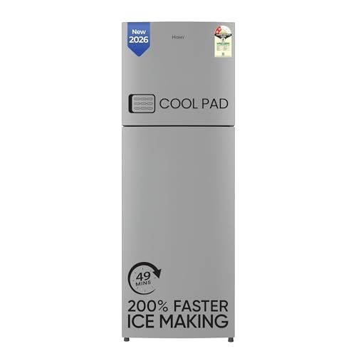 Haier 240L Frost Free Double Door 2 Star Refrigerator with Freezer at Top, Twin Inverter Technology, 200% Faster Ice Making in 49 Minutes (HEF-252EGSA-P, Moon Silver, 2026 Model)