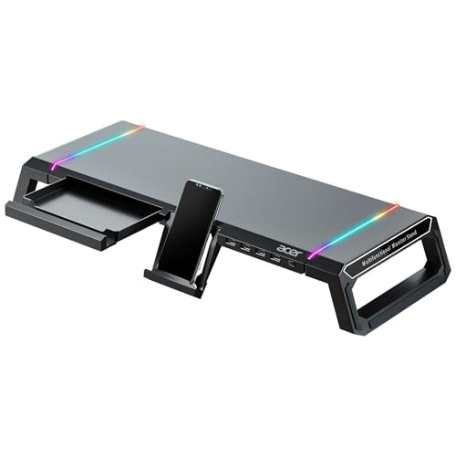 acer Ergo Multifunction Monitor & Laptop Stand Featuring RGB Lighting and a 4-Port USB Hub with Aluminum Multi Keyboard Storage Space Bar, Suitable for Both Office and Home Environments (Black)