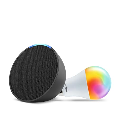Amazon Echo Pop (Black) Smart Home Speaker Combo with Wipro Simple Setup 9W LED Smart Bulb | with Bluetooth and Alexa