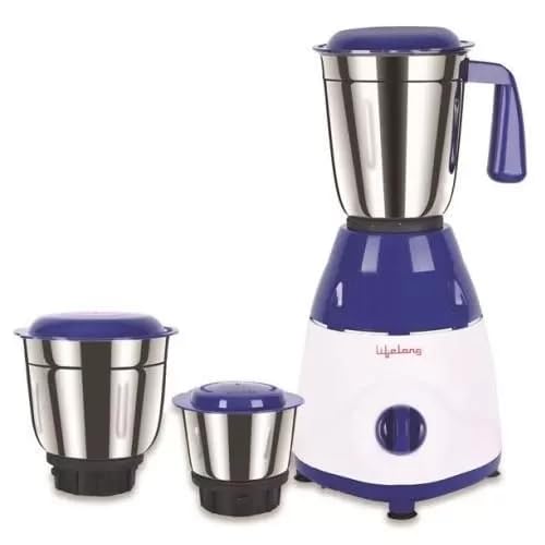 Lifelong LLMG600 Mixer Grinder 600W with 3 Stainless Steel Jars (400ml, 800ml, 1.5L) | 3-Speed & Pulse Function | Overload Protection | Anti-Skid Feet | White & Blue | 2 Year Warranty