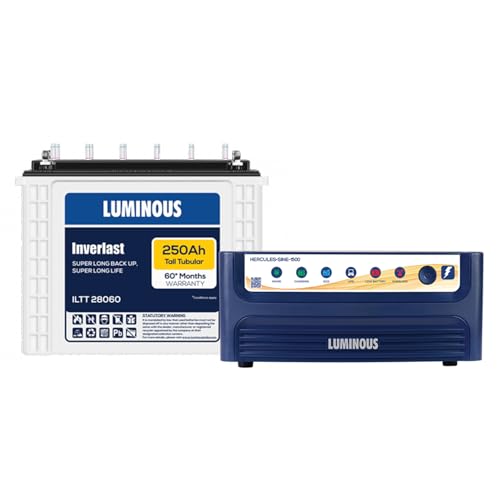 Luminous Inverter & Battery Combo (Hercules 1500 Pure Sine Wave 1400VA/12V Inverter with ILTT28060 Tall Tubular 250Ah Battery) for Home, Office & Shops
