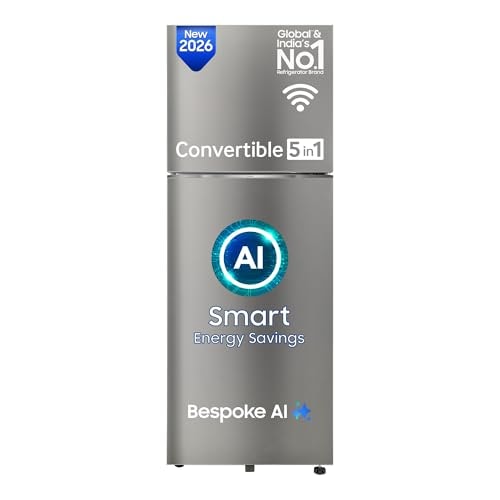 Samsung 330 L, 2 Star, Convertible 5-in-1, Digital Inverter, Frost Free Double Door, WiFi Bespoke AI Refrigerator (RT34HG5A42SLHL, Silver, Ez Clean Steel, 2026 Model)
