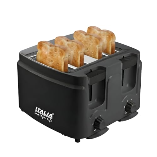 ITALIA 1400W 4-Slice Pop-Up Toaster for Home & Kitchen | Automatic Electric Bread Toaster with 4 Wide Slots & Variable Browning Control | Press-to-Release Crumb Tray & Stop Function | 1 Year Warranty