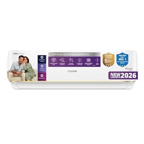 Voltas 1.5 ton 3 Star, New star rated, Inverter Split AC (Copper, Convertible 6-in-1 cooling modes, Ai Enabled, 4-way Swing, Sleep Mode, Auto Clean (183INV VERTIS AI ZEST GOLD, White)