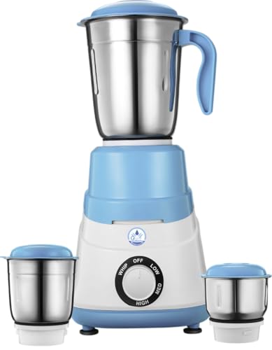 GRAND PLUS Thunder 750 W Mixer Grinder with 3 Multipurpose Jars for Grinding, Blending & Mixing | High-Performance Motor | Super Efficient & Power Saving | 1Y Warranty(Neo | 3 Jars | White, Sky Blue)