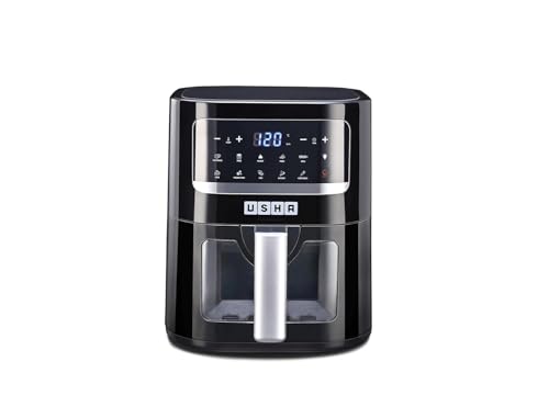 USHA iChef Smart Air Fryer D 4.5L – 10-in-1 Digital Air Fryer with Touch Panel, Transparent Window & Turbo Air Circulation | 1350W with ISI Mark | Oil-Free Cooking | Black Made In India