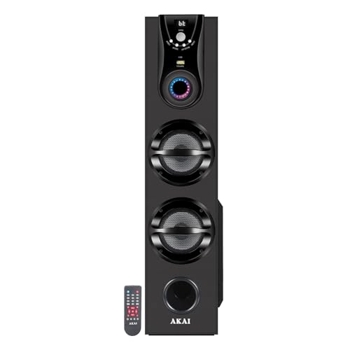 Akai HA-TS50 50W Bluetooth Tower Speaker Wooden Cabinet Subwoofer Echo Sound Control Full Control Remote Led Display USB FM Party Speaker Home Theatre Extreme bass Karaoke Support. (HA-TS50)