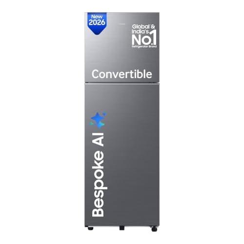 Samsung 256 L, 3 Star, Bespoke AI, Convertible, Digital Inverter Frost Free Double Door Refrigerator (RT80H30U3THL, Silver, Refined Inox, 2026 Model)