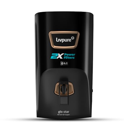 Livpure Glo Star Copper Water Purifier | RO+UV+UF+Copper+Mineraliser | 2X Power Filter | No Filter Cost for 2 years* | Save upto 21,000 on Filters | 8 Stage Advance Purification | 7L Storage | Black