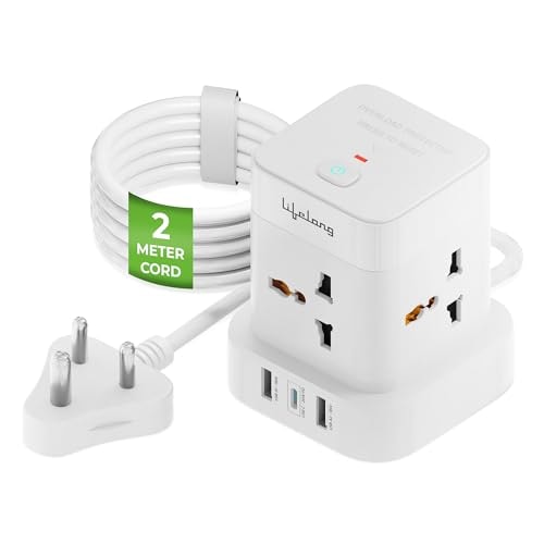 Lifelong Electronics Extension Board 7-in-1 with Switch | 4 AC Sockets + 3 USB Ports (2 Type A Quick Charge 3.0 + 1 Type C 20W PD) | Fast Charging | Overload Protection | 2M Cord (Model: Cube Plus)