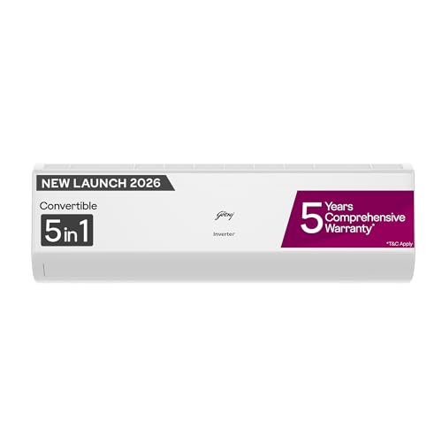 Godrej 1Ton 5S,New Star rated, 5 Years Comprehensive Warranty, AI Powered, 5in1 Convertible Cooling, Self Clean,Inverter Split AC (Copper,Heavy-Duty Cooling at 52° C, AC 1.0T EC HIC 12J5TG WA,White)