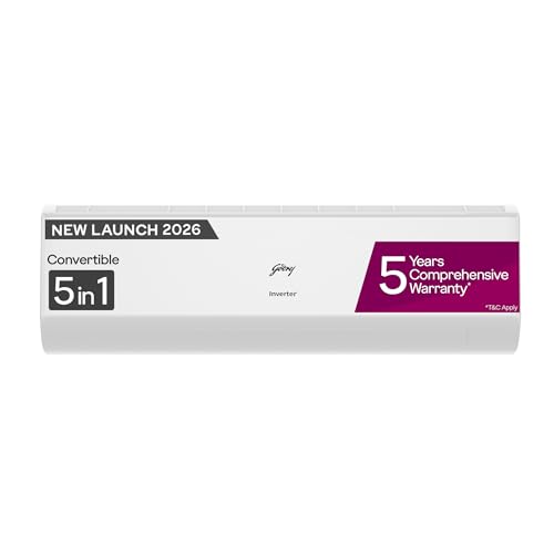 Godrej 1.5 Ton 5 Star,New Star rated, 5 Years Comprehensive Warranty, AI powered, 5-In-1 Convertible Cooling Inverter Split AC (Copper, Heavy Duty Cooling at 52 °C, AC 1.5T EC HIC 18J5TG WA, White)