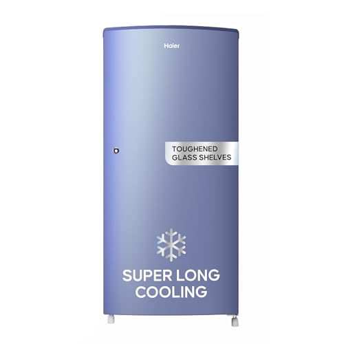 Haier 185L 2 Star Direct Cool Single Door Refrigerator | Toughened Glass Shelves | Large Veg Box | Fast Ice Making | Longer Cooling Retention | Easy Clean Back (HED-19TRB-N, Radish Blue)