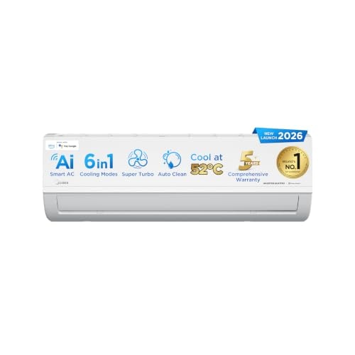 Midea 1Ton 3 Star, New Star Rated, Wifi Inverter Split AC with 6-in-1 Convertible Cooling, Turbo Mode, Heavy Duty Cooling at 52℃, Auto Clean&HD+PM 2.5 Filter(Copper, AC 1Ton MAI12SD3R36W0, White)