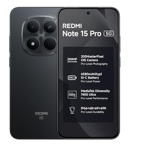 REDMI Note 15 Pro 5G (Carbon Black, 8GB+128GB) | 200MasterPixel OIS Camera | Dimensity 7400-Ultra | 17.3cm CrystalRes AMOLED Screen | IP66/68/69/69K | Mega 6580mAh Si/C Battery | 45W Fast Charging