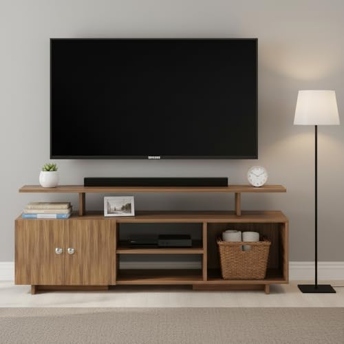 FURNEASER Eskido Engineered Wood TV Entertainment Unit, Floor Standing TV Cabinet with Storage Shelves for Living Room, TV Stand for 32,43,50 & 55 Inch TV (Exotic Teak & White) (Exotic Teak)
