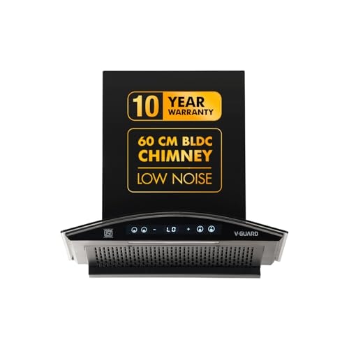 V-Guard 60 cm Curve BLDC Filterless Chimney with 1500 m³/h Suction | Low Noise Operation with Heat Auto Clean | 10 Year Motor Coverage | Touch Panel with Gesture Control | V-Guard BX 60