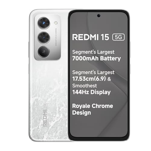 REDMI 15 5G Frosted White 8GB + 256GB | Segment's Largest 7000mAhA Battery | Segment's Largest Display 17.53cm(6.9) Up to 144Hz | Snapdragon 6s Gen 3 | 18W Reverse Charging | 50MP AI Dual Camera