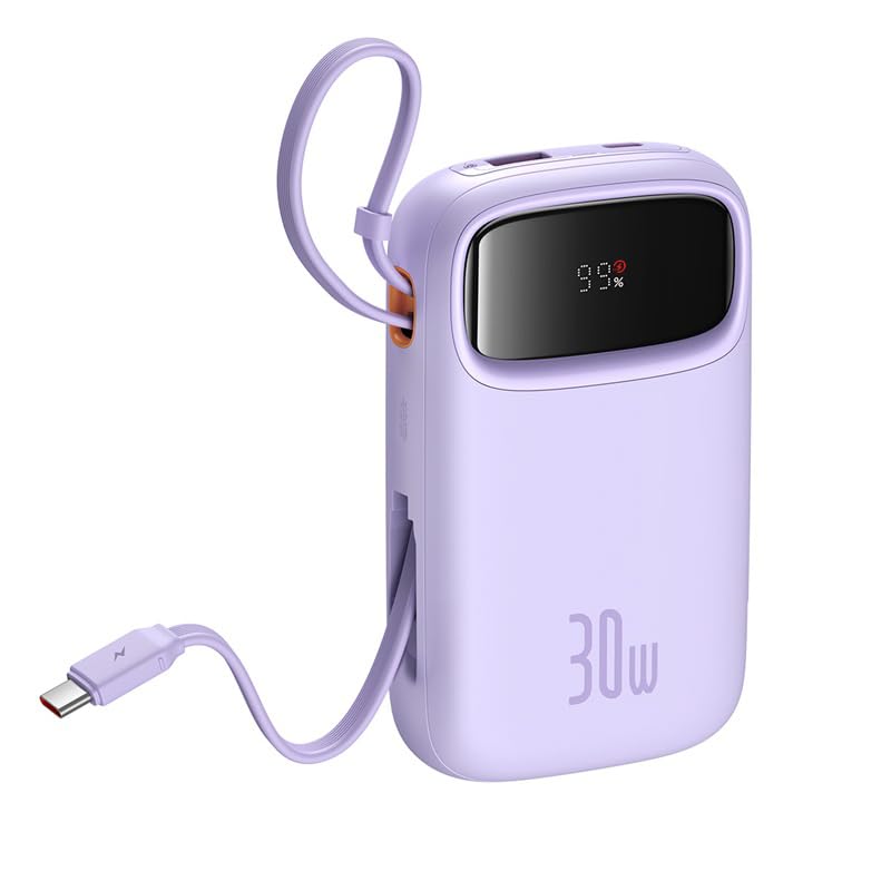 Baseus QPow 2 10000mAh 30W Fast-Charging Power Bank – Dual Built-in Type-C Cables, Digital Display, PD Compatible – Nebula Purple