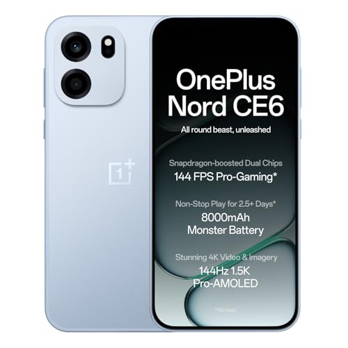 OnePlus Nord CE6 | 8GB+128GB | Fresh Blue | Snapdragon 7s Gen 4 | Segment's Fastest Touch Response | 8000mAh Battery | 144Hz 1.5K AMOLED Display | 50MP Main + 32MP Selfie 4K Cameras | IP66,68,69,69K