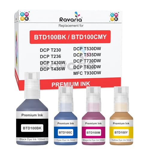 Ravaria BTD100BK / BTD100CMY Compatible Ink for Brother Printer DCP-T236 DCP-T230 DCP-T436W DCP-T430W DCP-T535DW DCP-T530DW DCP-T730DW DCP-T830DW MFC-T930DW (BTD100BK & BT100CMY Ink Set (4 Color))