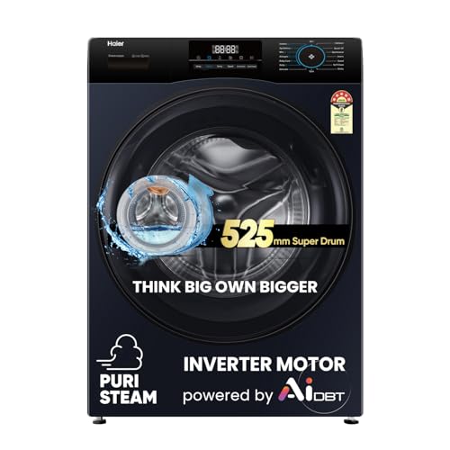 Haier 8 Kg AI Smart Wash (AI-DBT), PuriSteam, 525mm Super Drum Fully Automatic Front Load Washing Machine with In-Built Heater, Black (EFL80-IM12IBIEBK)