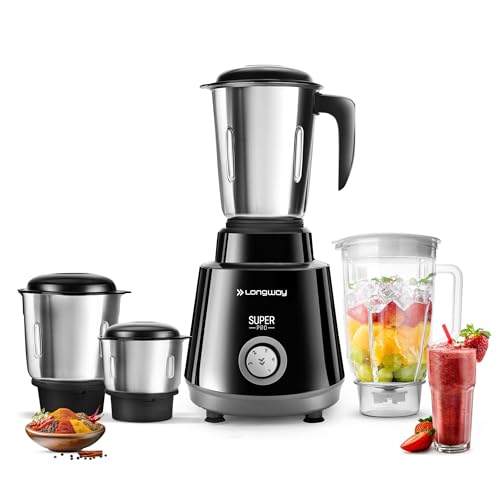 Longway Super Pro Juicer Mixer Grinder | Up to 750W Max Output Powerful Motor | 4 Jars for Grinding, Mixing, Juicing | 2 Year Warranty | Black & Gray