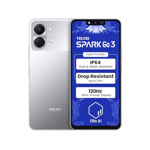 Tecno Spark Go 3 (Titanium Grey, 4GB+64GB | Super Durability Drop Resistant & IP64 Rated| Make Calls Without Network* |Ella Al in Your Own Language| Super Smooth 120Hz 6.74" Display |5000mAh Battery