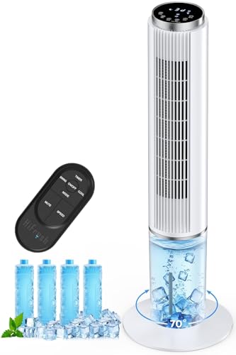 HIFRESH 107CM Tower Fan for Room w/Cooling Function, Bladeless Tower Fans for Home, Remote & Touch, 4 Modes & 3 Speeds, 26Ft Air Throw, 12H Timer, 4 Ice Packs, Auto Rotation, Low Power Consumption
