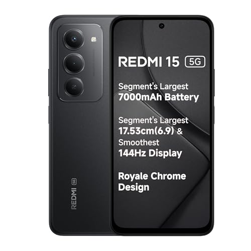 Redmi 15 5G Midnight Black 8GB + 128GB | Segment's Largest 7000mAhA Battery | Segment's Largest Display 17.53cm(6.9) Up to 144Hz | Snapdragon 6s Gen 3 | 18W Reverse Charging | 50MP AI Dual Camera