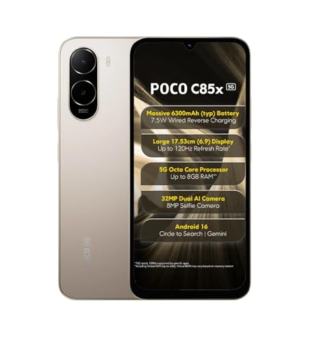POCO C85x 5G Smartphone, Sunset Gold, 6.9 Inch Display, 32MP Dual AI Camera, 6300mAh Battery, 64GB Storage