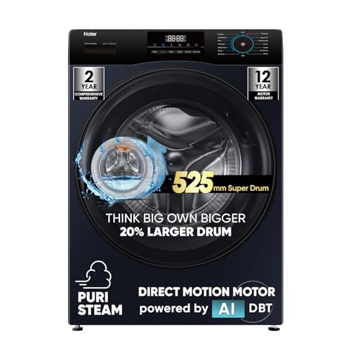 Haier 9Kg, 5 Star, Powered by AI-DBT, PuriSteam with Inbuilt Heater, 525 mm Super Drum, AI DBT Fully Automatic Front Load Washer (EFL90-DM14IBIEBK | Black)